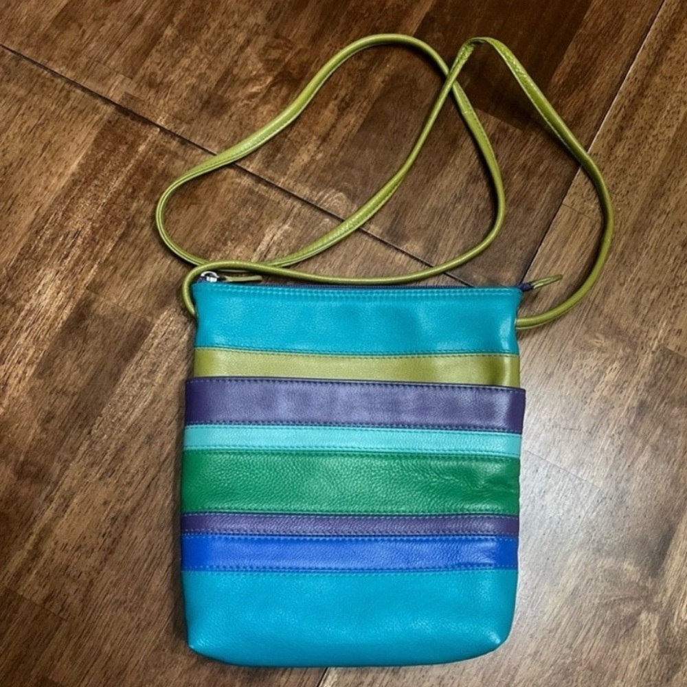 Leather Cross Body Shoulder Bag by ILI New York Colorful Stripes